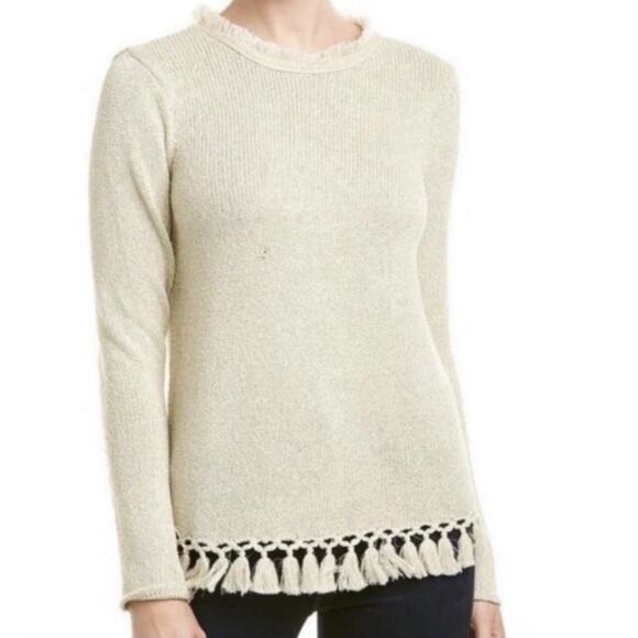 J. Mclaughlin Gold Metallic Fringe Crew Neck Preppy Sweater Nautical Wool Size M - Picture 1 of 8